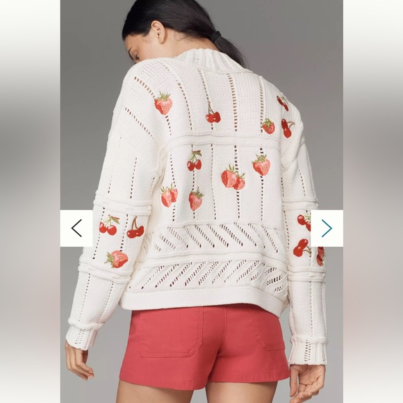 Anthropologie Maeve Fruit-Embroidered Cardigan Large Red Motif NWT - Picture 3 of 7